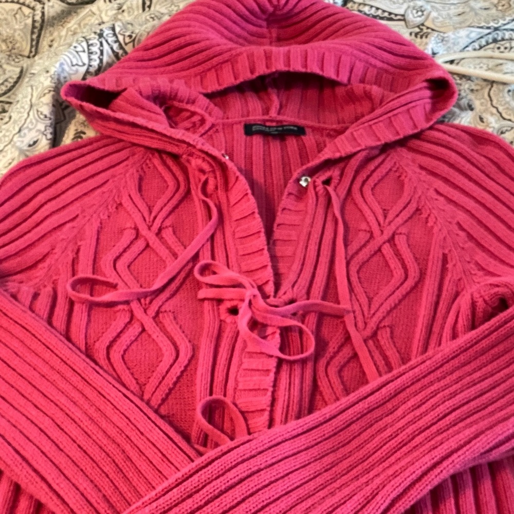 Fuchsia Hooded Cable-Knit Women’s Sweater Jacket Jones New York Snap tie front